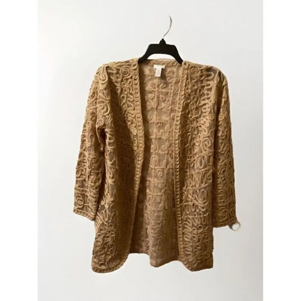 Chicos Beige Gold Mesh Applique Open Cardigan Unique Sheer Knit‎ Size Small